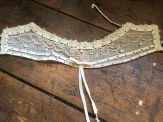 Antique Vintage Edwardian Victorian Hand Made Lace Collar With Beads Tassels Bow