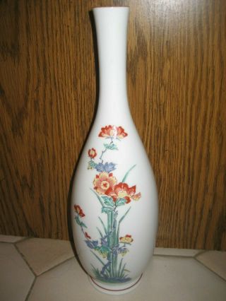 Asian Bottle Bud Vase 12 " Tall White Porcelain W/red/yellow/green/blue Flowers