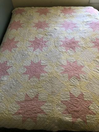 Vintage Star Pattern Quilt Handmade Handpieced Pink Yellow White 68”x84”