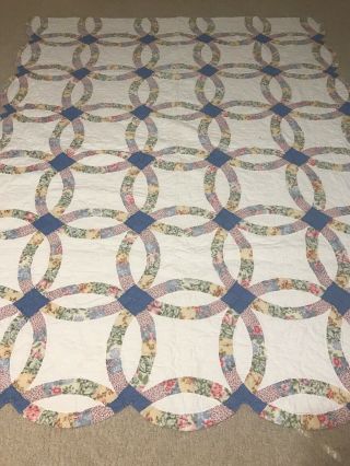 Vintage Hand Stiched Double Wedding Ring Twin Quilt 77 " X 61 "