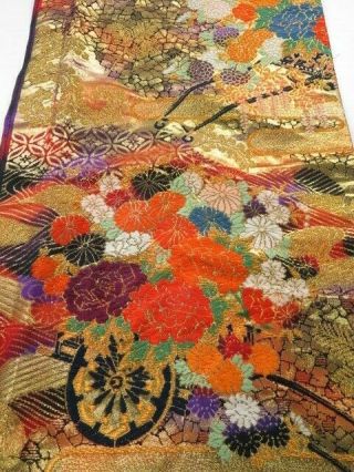 Ge10z130 Japanese Kimono Silk Uchikake Fabric Gold Flower Cart 39.  4 "