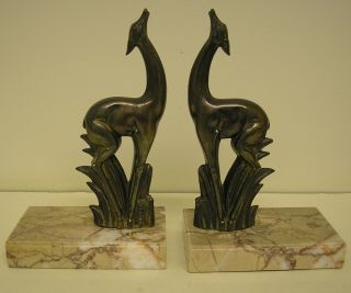 French Art Deco Spelter Gazelle Bookends On Marble Stand