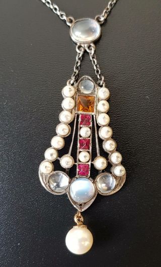 Antique Georgian Silver & Gold Moonstone Gemstone Pendant Necklace
