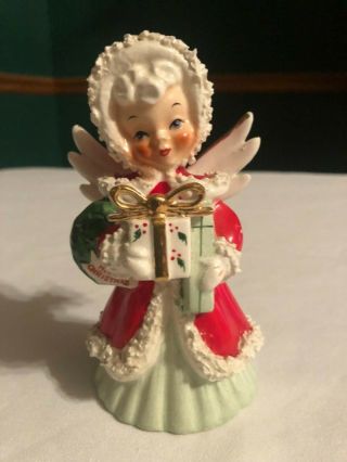 Vintage Napco Spaghetti Trim Christmas Angel Figurine With Wreath And Presents