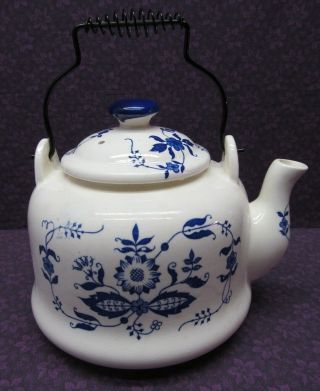 Pretty Vintage Porcelain Blue Onion Teapot Blue Flowers On White Made In Japan