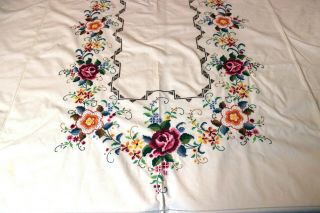 Vintage Cross Stitch Hand Embroidered Ivory Linen Banquet Tablecloth 131 " X 65 "