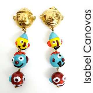 Isabel Canovas Vintage Dangling Murano Glass Clown Head Signed Clip - On Earrings