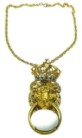 Pauline Rader Vintage Sign Lion Turquoise Lapis White Gold Drop Pendant Necklace