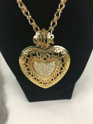 Christian Dior Necklace Authentic Vintage Gold Tone Heart Rhinestone Brooch