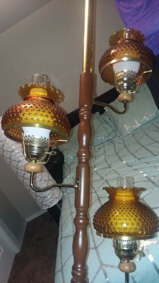 Vintage Mid Century Tension Pole Floor Lamp 3 Light Amber Shades Wood Pole Eames