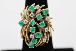 Huge Vintage 14k Solid Yellow Gold Authentic Diamonds & Emeralds Size 7 Ring