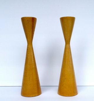 Vintage Mid Century Danish Modern Turned Wood Candlesticks 8 Inches Tall