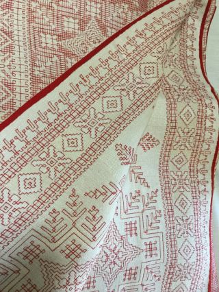 Vintage Snowflake Red & White Jacquard Woven Tablecloth Banquet Size Huge