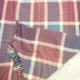 Vtg Churchill Weavers Throw Blanket Wool Plaid Check Fringe Pink Purple Blue