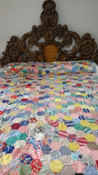Awesome Vintage Feed Sack Hexagon Pattern Quilt Top L111.