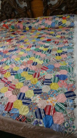 Awesome Vintage Feed Sack Hexagon Pattern Quilt Top L111. 2