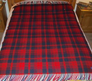Vtg Pendleton Mills Portland Wool Red Blue Plaid Fringed Blanket 72 " X 100 "