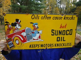 Large Old 1939 Sunoco Motor Oil Porcelain Enamel Gas Pump Station Sign
