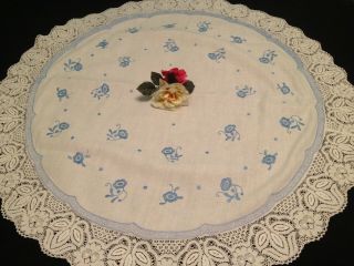 Vintage Hand Embroidered Round White Linen Tablecloth Pretty Blue Flowers