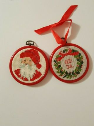 2 Small Swedish Christmas Wall Hanging Hand Embroidered Picture Cross Stitch