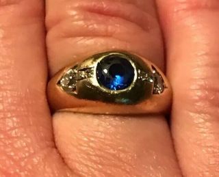 Sz 6 Antique Estate 14k Gold.  75 Tcw Diamond & Blue Sapphire Ring