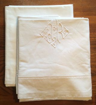 A Pair Large Antique Embroidered Linen Bed Sheet - Initialled Jr