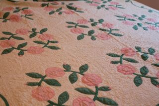 Vintage Hand Stitched Cotton Applique Quilt Pink Flowers & Vines 72x72