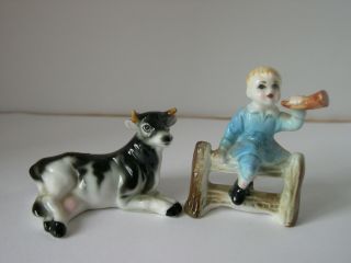 Little Boy Blue Miniature Bone China Figurines Nursery Rhyme Cow Set Of 2 Japan