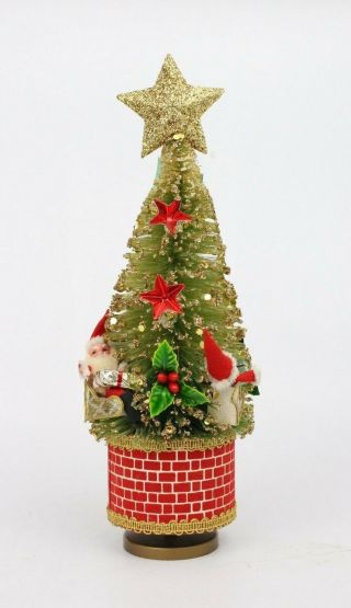 Vintage Christmas Bottle Brush Tree Santa & Red Stars Gold Glitter Music Box Euc