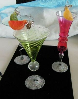 Set Of 3 Christopher Radko Cocktail Glasses With Fruit Ornaments