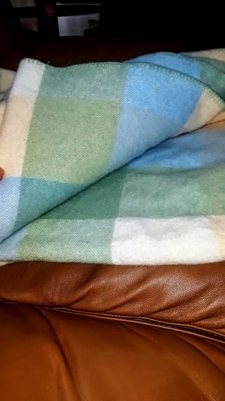 L.  L.  Bean Blanket 100 Virgin Wool Washable Queen blue green yellow checkered 3