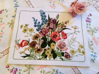 Vintage Hand Embroidered Picture Panel Raised Crewel Work Flowers