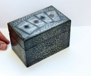Vintage Wooden Arts & Crafts Style Playing Card Box With Hammered Metal Surface