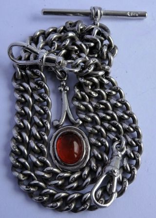 Fantastic Antique Solid Silver Double Pocket Watch Albert Chain & Amber Fob