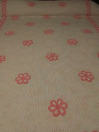 Vintage Chenille Bedspread White With Pink Flowers Full Size