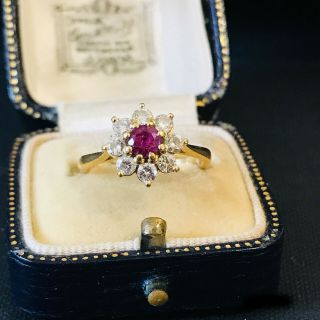 Vintage 18ct,  18k,  750 Gold Ruby & Diamond Cluster Engagement Ring,  Dated 1976