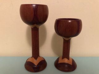 Vintage Mid Century Pair Inlaid Wooden Candlesticks 3 Different Types Of Wood