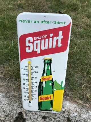 Vintage " Squirt Soda " Metal Advertising Thermometer,  (13.  5 " X 6 ")