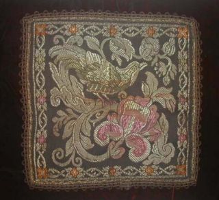 Antique 1920s Art Deco Exotic Bird Florals Small French Tapestry W Gilt Trimming