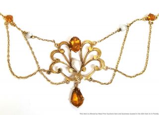 14k Gold Natural Pearl Citrine Antique Art Nouveau Stunning Pendant Necklace