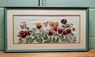 Completed Framed Hand Embroidered Picture Of Pansies Ac75