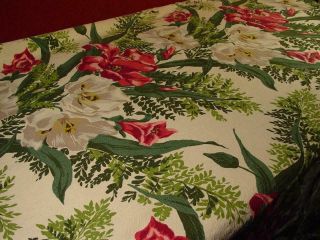 Vintage Barkcloth Fabric Curtain Panels 42x84 Vat Dye Pink Red Lillies Cutters