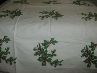 Vintage Wilendur Christmas Holly Leaves Berries Print Tablecloth 48 " X54 "