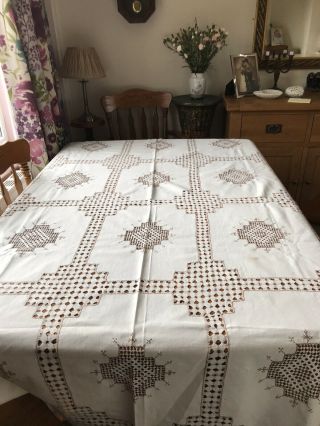 Vintage Embroidered Cut Work Cream Linen Oblong Table Cloth 96 " By 66 "