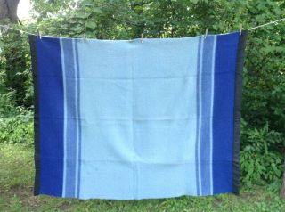 Vtg Wool Striped/plaid Blanket 76 " X 59 " Dark & Light Blues