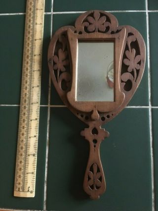 Art Nouveau Hand Carved Wooden Hand Mirror Arts Crafts - 11 Inches Long