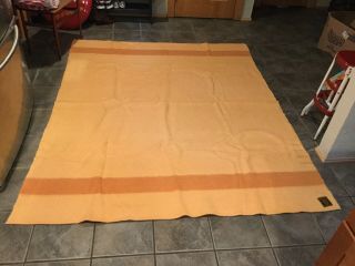 Large Vintage Peach Hudson Bay Blanket 4 Point Wool With Stripe 74” X 90”