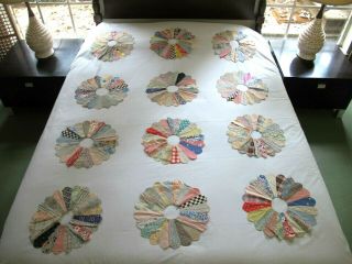 12 Outstanding Vintage Feed Sack Hand Pieced Dresden Plate Applique Quilt Blocks