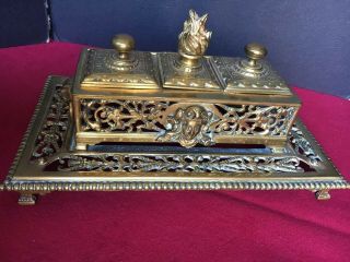 Ornate Vtg Antique 19th Century Large Brass Double Inkwell Pen Holder With Faces