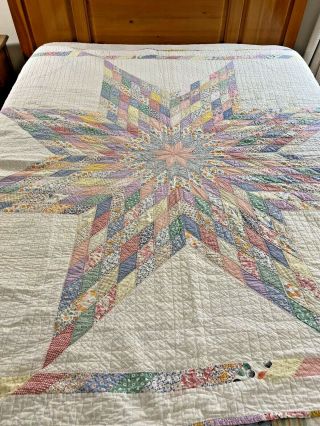 Vintage Handmade Hand Quilted Feed Sack Lone Star Quilt 73 " X 71 " 10spi H Quilt